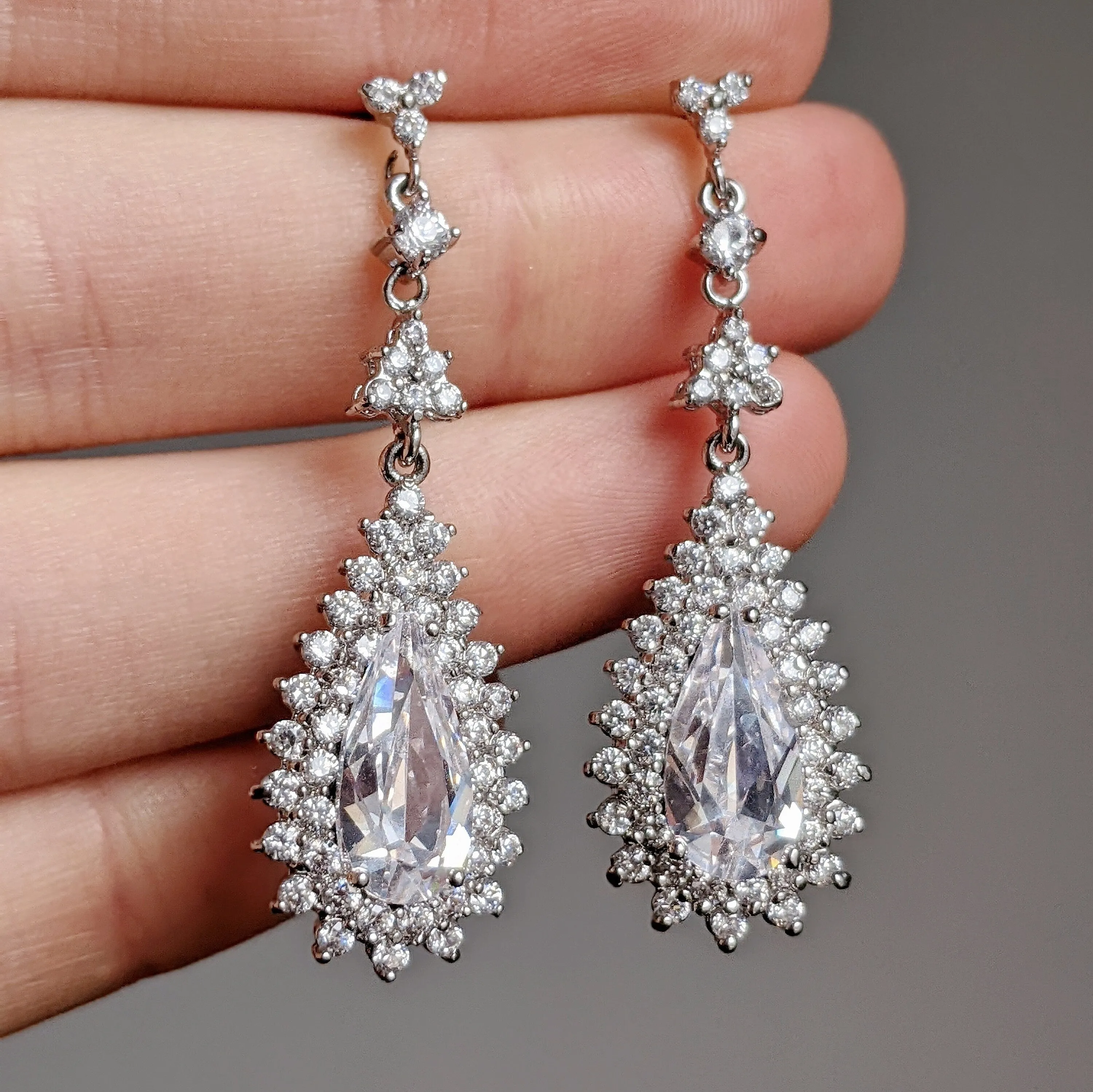 Classic Shirred Rhinestone Crystal Vintage Inspired Art Deco Long Teardrop Earrings